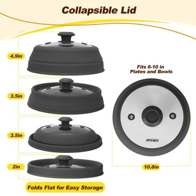 Alt view image 5 of 7 - Microwave Splatter Cover, Vented Silicone & Glass Anti-Splatter Lid with Handle, Collapsible Food Plate Cover Fits 611 Inch Plates and Bowls (Black, 10.8inch)