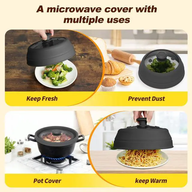 Alt view image 6 of 7 - Microwave Splatter Cover, Vented Silicone & Glass Anti-Splatter Lid with Handle, Collapsible Food Plate Cover Fits 611 Inch Plates and Bowls (Black, 10.8inch)