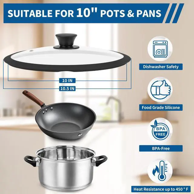 Alt view image 2 of 7 - Pan Lid 10 Inch - Tempered Glass Pot Lid - Replacement Pan Cover for Cast Iron Skillets, Frying Pans, Pots and Wok, Heat Resistant Handle, Black