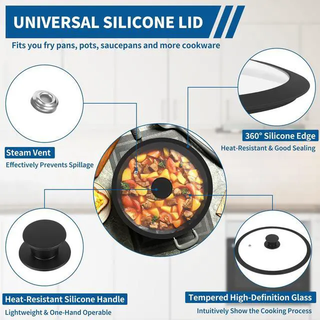 Alt view image 3 of 7 - Pan Lid 10 Inch - Tempered Glass Pot Lid - Replacement Pan Cover for Cast Iron Skillets, Frying Pans, Pots and Wok, Heat Resistant Handle, Black