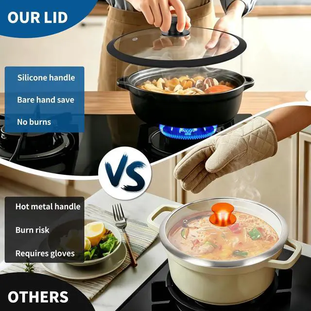 Alt view image 4 of 7 - Pan Lid 10 Inch - Tempered Glass Pot Lid - Replacement Pan Cover for Cast Iron Skillets, Frying Pans, Pots and Wok, Heat Resistant Handle, Black