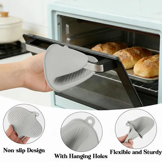 Alt view image 4 of 7 - Silicone Oven Mitts Heat Resistant Mini Oven Gloves for Kitchen Rubber Air Fryer Mitts Oven Accessories Finger Cooking Pinch Mitts Pot Holders for Kitchen Cooking Baking Dishwasher, Black & Gray