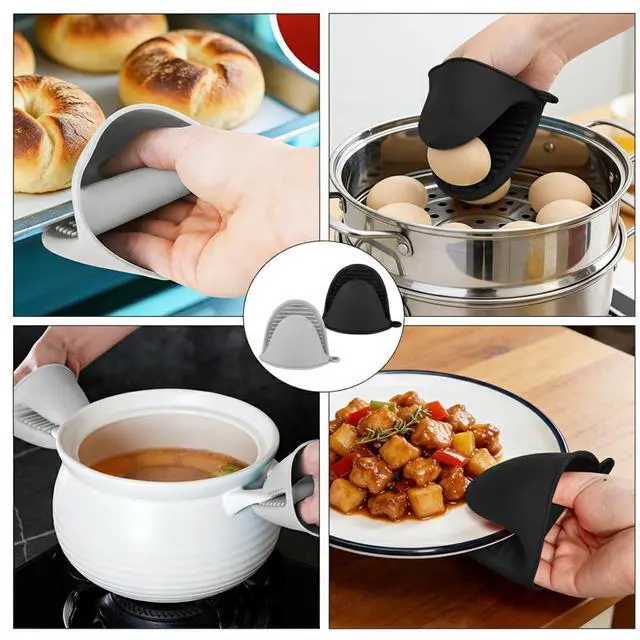 Alt view image 7 of 7 - Silicone Oven Mitts Heat Resistant Mini Oven Gloves for Kitchen Rubber Air Fryer Mitts Oven Accessories Finger Cooking Pinch Mitts Pot Holders for Kitchen Cooking Baking Dishwasher, Black & Gray