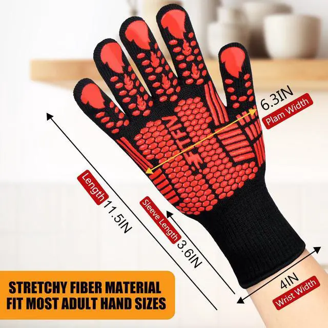 Alt view image 2 of 7 - BBQ Gloves, Oven Gloves, 1472°F Extreme Heat Resistant Barbecue Gloves, Silicone Non-Slip Oven Mitts, Kitchen for Cooking, Grilling, and Baking
