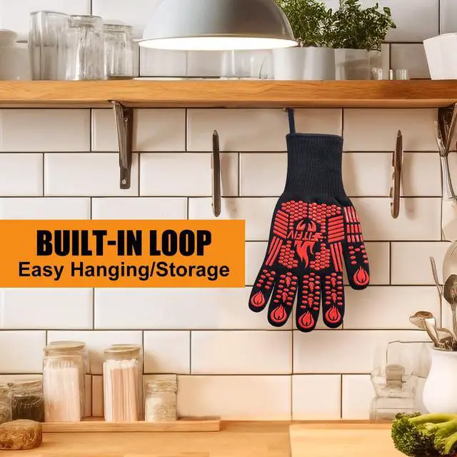 Alt view image 7 of 7 - BBQ Gloves, Oven Gloves, 1472°F Extreme Heat Resistant Barbecue Gloves, Silicone Non-Slip Oven Mitts, Kitchen for Cooking, Grilling, and Baking
