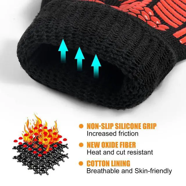 Alt view image 5 of 7 - BBQ Gloves, Oven Gloves, 1472°F Extreme Heat Resistant Barbecue Gloves, Silicone Non-Slip Oven Mitts, Kitchen for Cooking, Grilling, and Baking