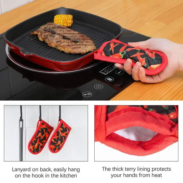Alt view image 7 of 7 - Cast Iron Skillet Handle Covers,Pot Handle Covers Heat Resistant,Pot Holders for Kitchen Heat Resistant,Machine Washable Handle Mitts,2 PCS(Red Pepper)