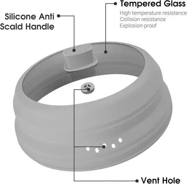 Alt view image 6 of 7 - Microwave Splatter Cover Glass Microwave Cover for Food Collapsible Splatter Guard Lid with Silicone Handle for Pot Plate Bowl 9.8 Inch Gray