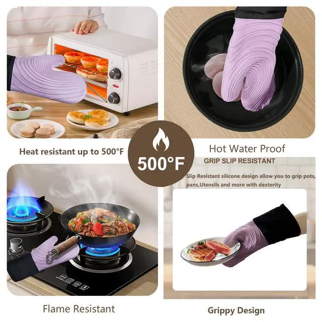 Alt view image 4 of 7 - Silicone Oven Mitts - Oven Mitts Heat Resistant 500F 13.6 IN,FDA BPA-Free Soft Lining Grippy Design Waterproof Flexible Oven Gloves,Oven Mits Set for Cooking baking Kitchen Mittens Pot Holders