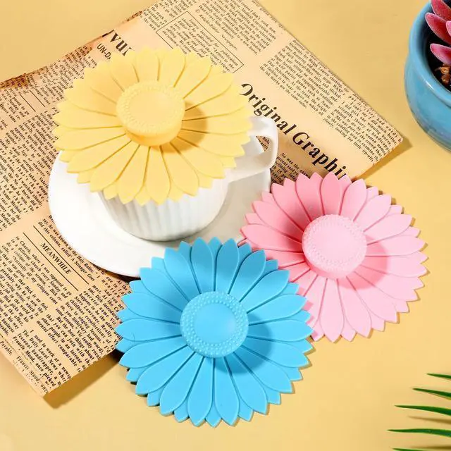 Alt view image 5 of 7 - Silicone Cup Covers, 4.1 Inch Sunflower Drink Covers Reusable Anti-dust Silicone Lids for Mugs Tea Cups Coffee Cup (3 Colors)