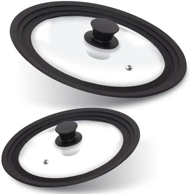 Main image of Silicone Universal Lid for Pots, Pans and Skillets - Tempered Glass Covered with Heat Resistant Silicone Rim Fits All 7" to 12" Diameter Cookware -Easy to Use Replacement Frying Pan Cover