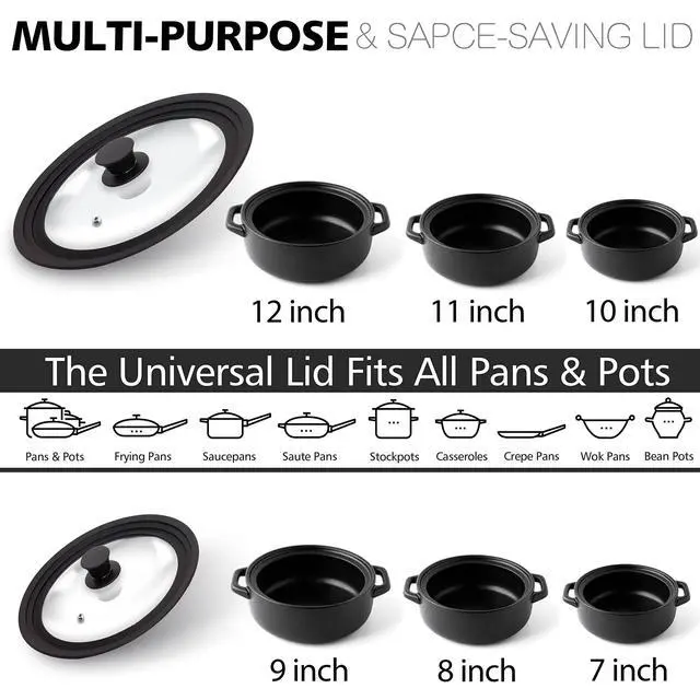 Alt view image 4 of 7 - Silicone Universal Lid for Pots, Pans and Skillets - Tempered Glass Covered with Heat Resistant Silicone Rim Fits All 7" to 12" Diameter Cookware -Easy to Use Replacement Frying Pan Cover