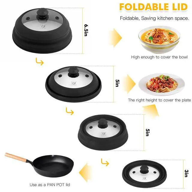 Alt view image 3 of 7 - Microwave Splatter Cover Vented Glass Splatter Guard Lid with Collapsible Silicone for Food as Pot Cover 11.8 inch Large Plate for 6 7 8 9 10 11 inch Plate Bowl Black