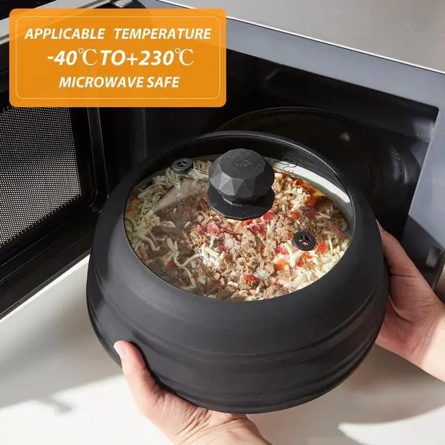 Alt view image 2 of 7 - Microwave Splatter Cover Vented Glass Splatter Guard Lid with Collapsible Silicone for Food as Pot Cover 11.8 inch Large Plate for 6 7 8 9 10 11 inch Plate Bowl Black