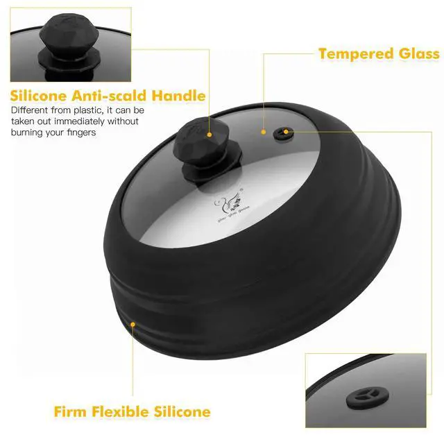 Alt view image 5 of 7 - Microwave Splatter Cover Vented Glass Splatter Guard Lid with Collapsible Silicone for Food as Pot Cover 11.8 inch Large Plate for 6 7 8 9 10 11 inch Plate Bowl Black
