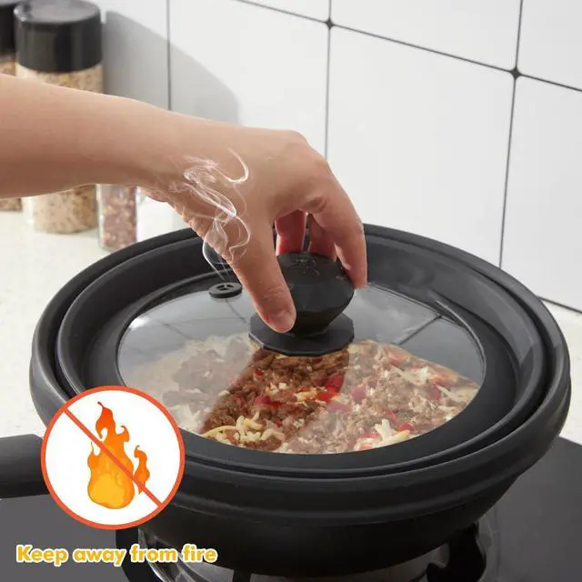 Alt view image 6 of 7 - Microwave Splatter Cover Vented Glass Splatter Guard Lid with Collapsible Silicone for Food as Pot Cover 11.8 inch Large Plate for 6 7 8 9 10 11 inch Plate Bowl Black