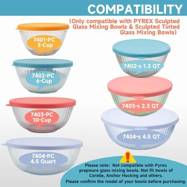 Alt view image 2 of 7 - Silicone Lids for Pyrex Sculpted Glass Mixing Bowls - Assorted Sizes Fit with 7401-S 3-cup, 7402-S 6-cup, 7403-S 10-cup, & 7404-S 4.5-Quart, Dishwasher & Microwave Safe (Lids Only)