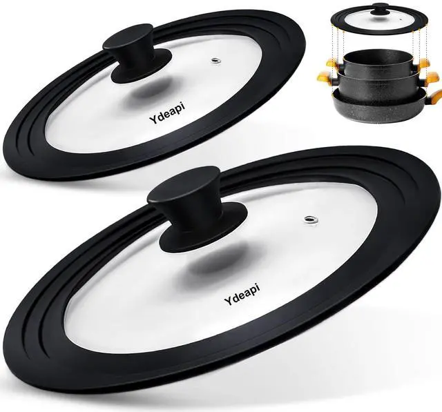 Main image of Universal Lids for Pots, Pans & Skillets - Fits 7", 8" & 9" Diameter, 10", 11" & 12" Diameter Cookware, Tempered Glass with High Heat Resistant Silicone Rim (2PK)