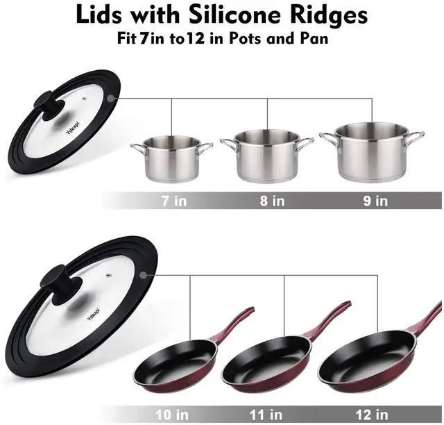Alt view image 3 of 7 - Universal Lids for Pots, Pans & Skillets - Fits 7", 8" & 9" Diameter, 10", 11" & 12" Diameter Cookware, Tempered Glass with High Heat Resistant Silicone Rim (2PK)