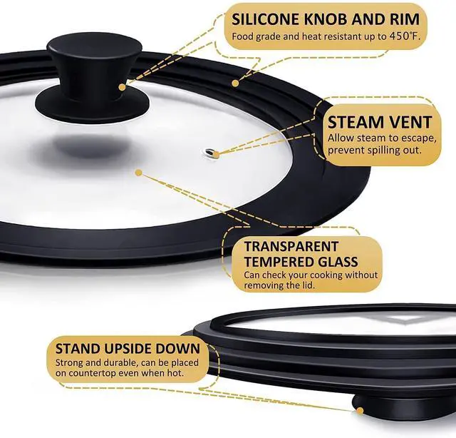 Alt view image 4 of 7 - Universal Lids for Pots, Pans & Skillets - Fits 7", 8" & 9" Diameter, 10", 11" & 12" Diameter Cookware, Tempered Glass with High Heat Resistant Silicone Rim (2PK)