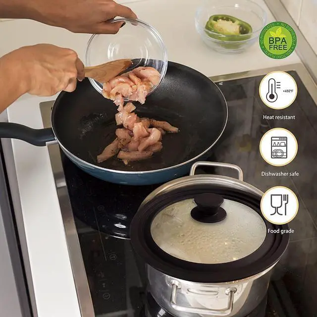 Alt view image 6 of 7 - Universal Lids for Pots, Pans & Skillets - Fits 7", 8" & 9" Diameter, 10", 11" & 12" Diameter Cookware, Tempered Glass with High Heat Resistant Silicone Rim (2PK)