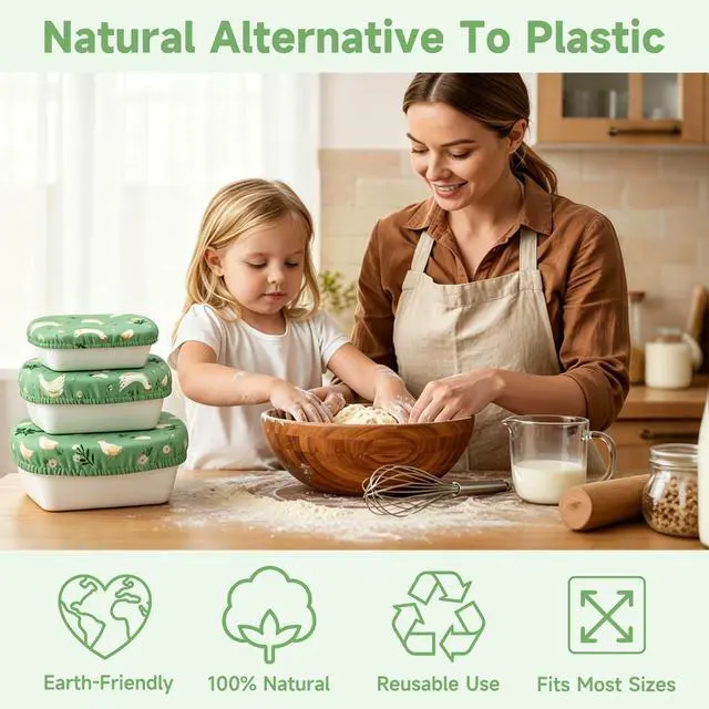 Alt view image 3 of 7 - Reusable Bowl Covers, Elastic Cotton Cloth Sourdough Bread Cover, Reusable Bowl Caps for Bread Proofing Baskets and Large Mixing Containers, 3 Pack, Chicken