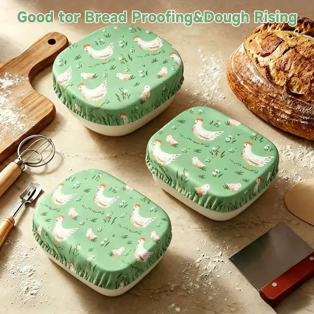 Alt view image 2 of 7 - Reusable Bowl Covers, Elastic Cotton Cloth Sourdough Bread Cover, Reusable Bowl Caps for Bread Proofing Baskets and Large Mixing Containers, 3 Pack, Chicken