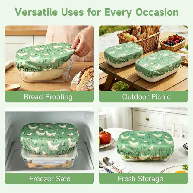 Alt view image 6 of 7 - Reusable Bowl Covers, Elastic Cotton Cloth Sourdough Bread Cover, Reusable Bowl Caps for Bread Proofing Baskets and Large Mixing Containers, 3 Pack, Chicken