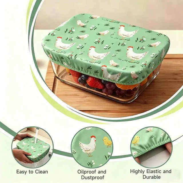 Alt view image 5 of 7 - Reusable Bowl Covers, Elastic Cotton Cloth Sourdough Bread Cover, Reusable Bowl Caps for Bread Proofing Baskets and Large Mixing Containers, 3 Pack, Chicken