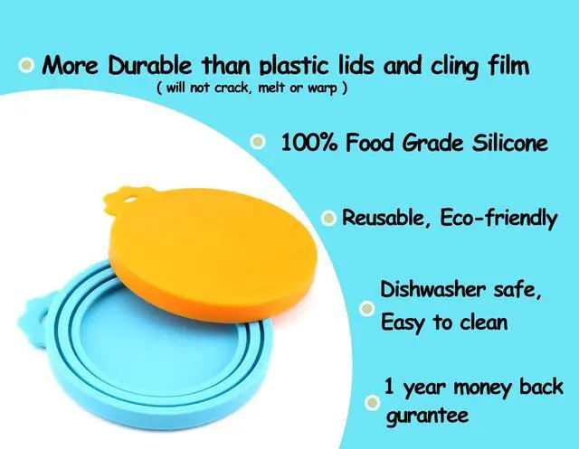 Alt view image 4 of 7 - Pet Food Can Cover Silicone Can Lids for Dog and Cat Food(Universal Size,One fit 3 Standard Size Food Cans) (Blue/Orange)