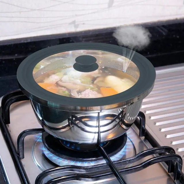 Alt view image 4 of 7 - Universal Lid for Pots Pans and Skillets, 2 Pack Pan Cover fit 7", 8" 9" & 10", 11", 12" Diameter Cookware, Silicone Replacement Pan Lid Pot Lids for Frying Pans, Cast Iron,Tempered Glass Lid (Gray)