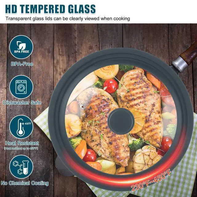 Alt view image 6 of 7 - Universal Lid for Pots Pans and Skillets, 2 Pack Pan Cover fit 7", 8" 9" & 10", 11", 12" Diameter Cookware, Silicone Replacement Pan Lid Pot Lids for Frying Pans, Cast Iron,Tempered Glass Lid (Gray)