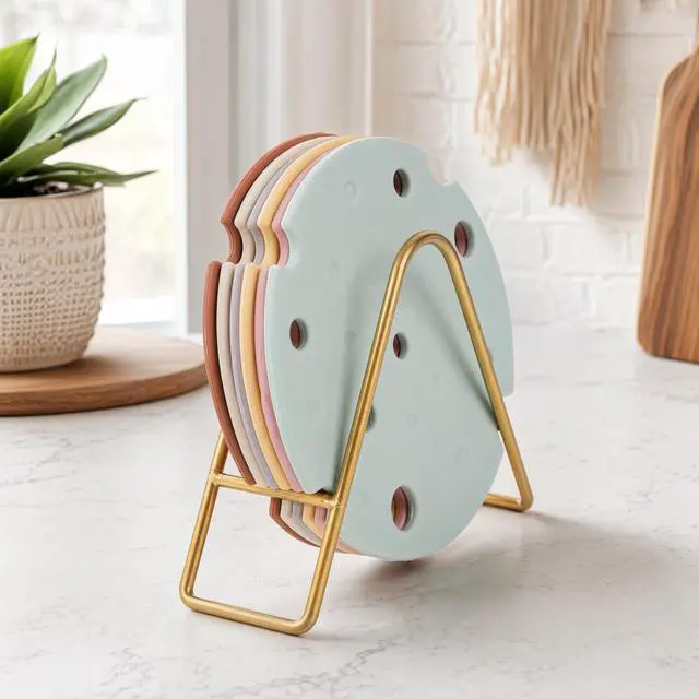 Alt view image 4 of 4 - Silicone Trivet Set of 6 with Metal Holder, 6.3 Inch Kitchen Hot Pads