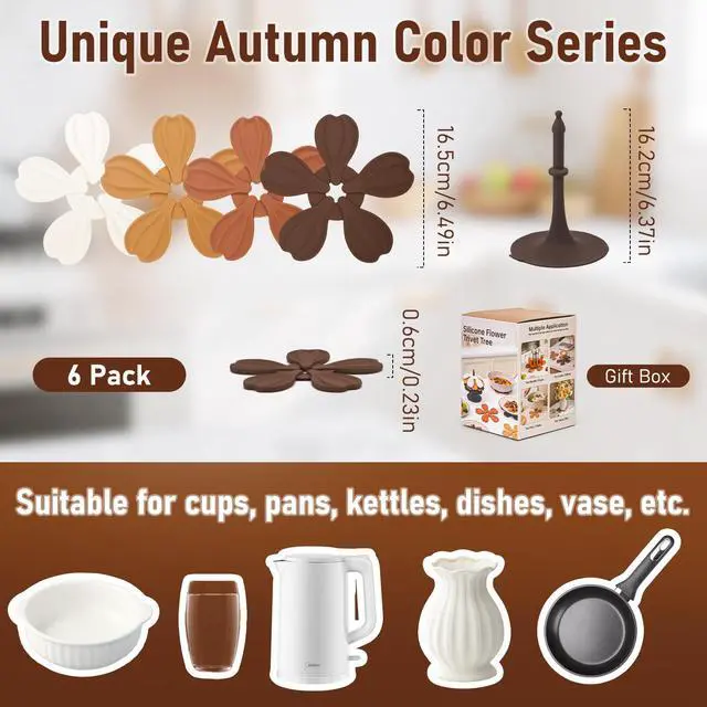 Alt view image 4 of 7 - Silicone Trivets for Hot Dishes Pans Teapot Cups, Vynusio Trivet Tree Set 6 Pack Trivets +1 Stand - Collapsible Hot Pads Heat Pot Holders, Hot Pads for Table Countertops Kitchen, Fall Color