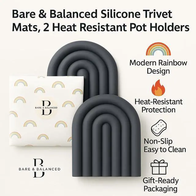 Alt view image 2 of 6 - Silicone Heat Resistant Trivet Mats Multipurpose Non-Slip Kitchen Hot Pads, Insulated Coasters & Pot Holders Modern Placemats for Dining Table & CountertopSet of 2 (Charcoal Gray)