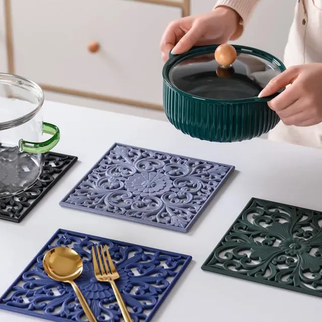 Alt view image 5 of 7 - Trivets for Hot Pots and Pans, Square Silicone Hot Pads for Kitchen, Flexible Silicone Pot Holder for Table, Non-Slip Heat Resistant Trivets for Hot Dishes, Trivet Mat Set 3 Black