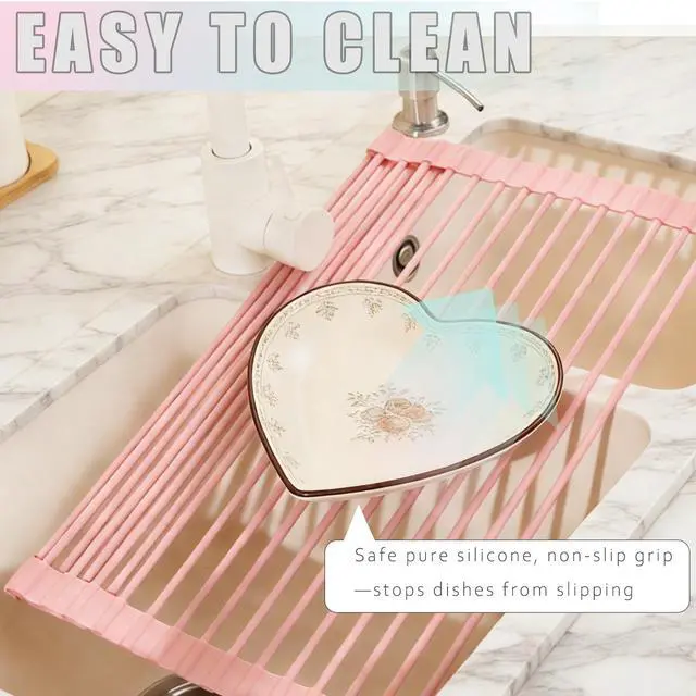 Alt view image 2 of 3 - Roll up Dish Drying Rack Over the Sink, Silicone Wrapped Stainless Steel, 17" x 13", Pink, Heat Resistant, Foldable