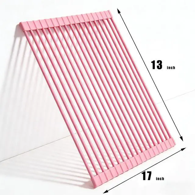 Alt view image 3 of 3 - Roll up Dish Drying Rack Over the Sink, Silicone Wrapped Stainless Steel, 17" x 13", Pink, Heat Resistant, Foldable