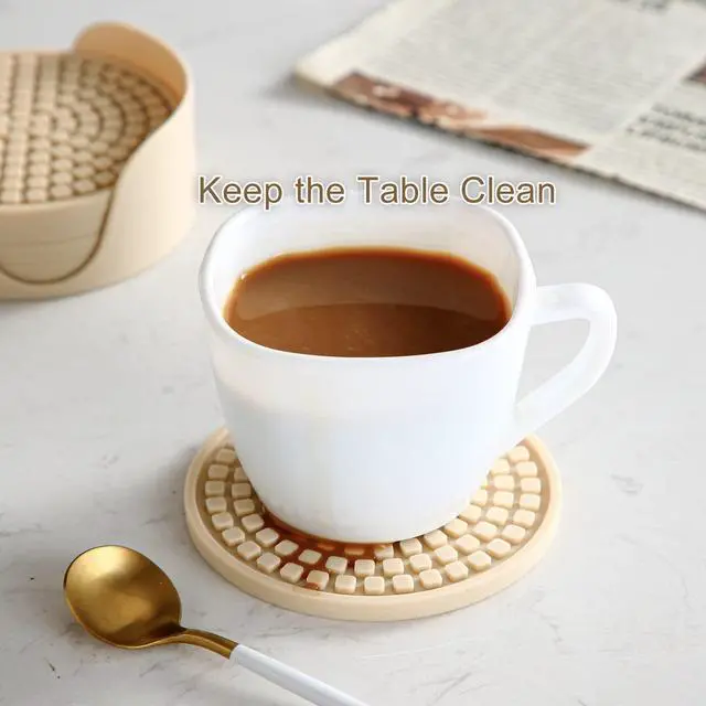 Alt view image 2 of 6 - Silicone Drink Coasters with Holder, Set of 6, for Tabletop Protection and Office Desk, Cup Mat Set for Home Decor, Non-Slip and Non-Stick,Round, 4 Inch,Beige