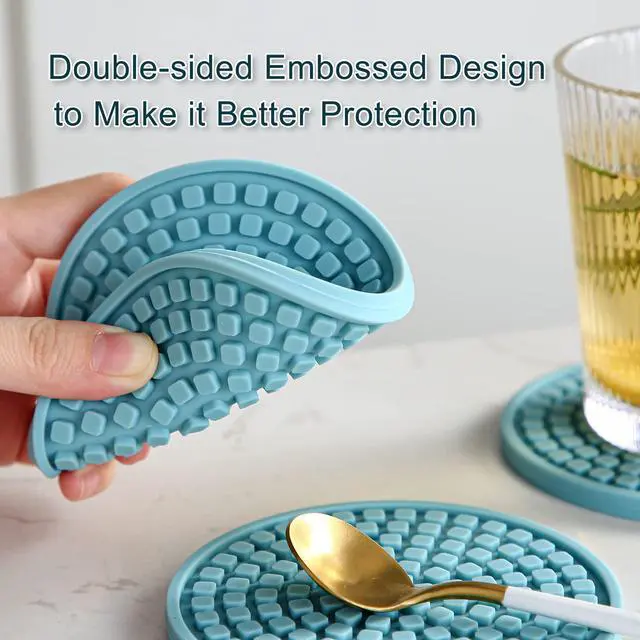 Alt view image 3 of 6 - Silicone Drink Coasters with Holder, Set of 6, for Tabletop Protection and Office Desk, Cup Mat Set for Home Decor, Non-Slip and Non-Stick,Round, 4 Inch,Beige