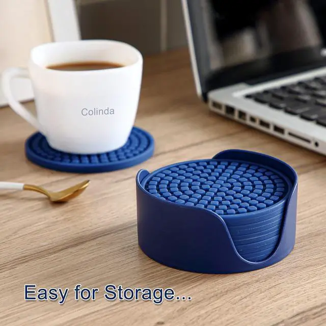 Alt view image 4 of 6 - Silicone Drink Coasters with Holder, Set of 6, for Tabletop Protection and Office Desk, Cup Mat Set for Home Decor, Non-Slip and Non-Stick,Round, 4 Inch,Beige