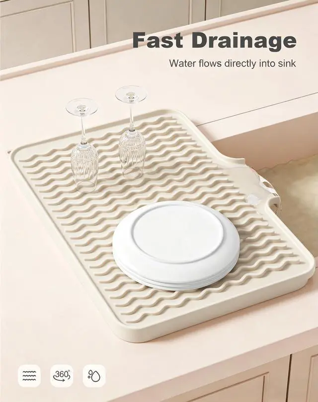 Alt view image 3 of 7 - Silicone Dish Drying Mat for Kitchen Counter, 16 x 12" Drainer Pad with Drainage Spout, Non-Slip Countertop Protector Heat Resistant Trivet, Kitchen Decor Mat Sink Drip Pad for Dishes, Beige