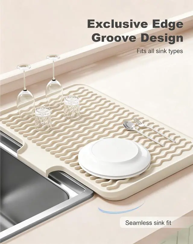 Alt view image 4 of 7 - Silicone Dish Drying Mat for Kitchen Counter, 16 x 12" Drainer Pad with Drainage Spout, Non-Slip Countertop Protector Heat Resistant Trivet, Kitchen Decor Mat Sink Drip Pad for Dishes, Beige