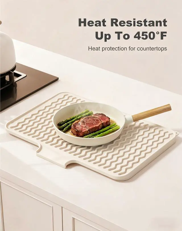 Alt view image 6 of 7 - Silicone Dish Drying Mat for Kitchen Counter, 16 x 12" Drainer Pad with Drainage Spout, Non-Slip Countertop Protector Heat Resistant Trivet, Kitchen Decor Mat Sink Drip Pad for Dishes, Beige