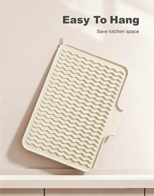 Alt view image 7 of 7 - Silicone Dish Drying Mat for Kitchen Counter, 16 x 12" Drainer Pad with Drainage Spout, Non-Slip Countertop Protector Heat Resistant Trivet, Kitchen Decor Mat Sink Drip Pad for Dishes, Beige