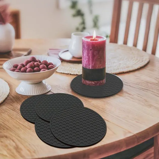 Alt view image 4 of 7 - Silicone Non-Slip, Heat Resistant & Water-Trapping Trivet Mats for Water Glasses & Teacup & Coffee Cup & Dishes & Cookware, Multipurpose Kitchen Table Coaster, 3.5-Inch, 5 Pcs, Black