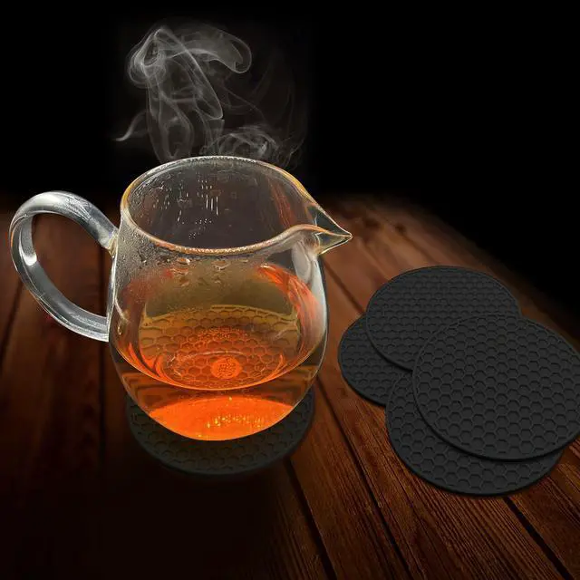 Alt view image 7 of 7 - Silicone Non-Slip, Heat Resistant & Water-Trapping Trivet Mats for Water Glasses & Teacup & Coffee Cup & Dishes & Cookware, Multipurpose Kitchen Table Coaster, 3.5-Inch, 5 Pcs, Black