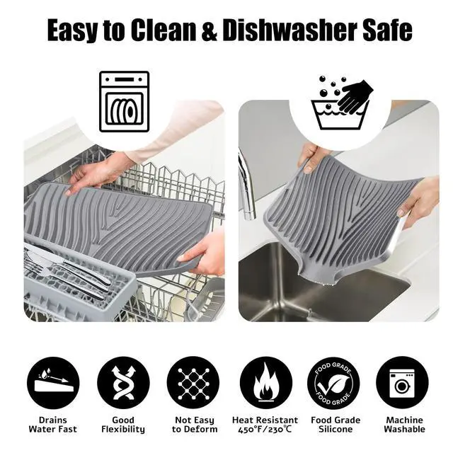 Alt view image 5 of 7 - Silicone Dish Drying Mat for Kitchen Counter, Grey-1pcs, 16" x 12"