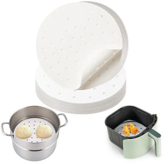 Main image of Non-Stick Bamboo Steamer Paper, 10" Round Liners with Holes for Steamer Basket, Air Fryer, Bamboo Steamers, and Oven Use