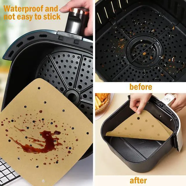 Alt view image 5 of 7 - Air Fryer Parchment Paper Liners8.7"×8.7" 100Pcs Compatible with XXL Philips, NuWave Brio, Chefman, OMORC, Cuisinart, COSORI, Cooks Essentials, Power Airfryer Oven, Chef di Cucina, SARKI and More